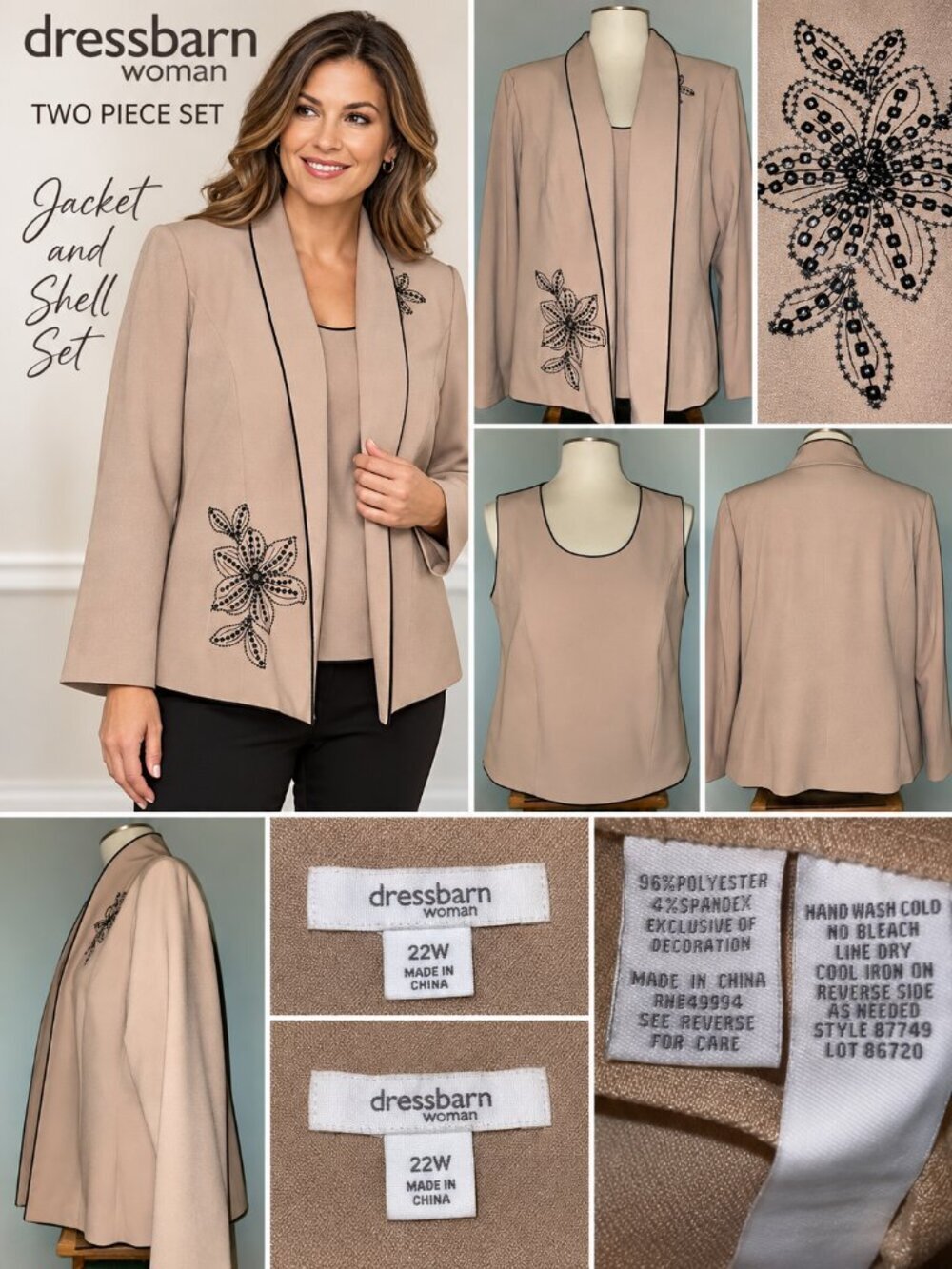 Dressbarn Woman 2 Piece Jacket Shell Set 22W Taupe Black Floral Embellished